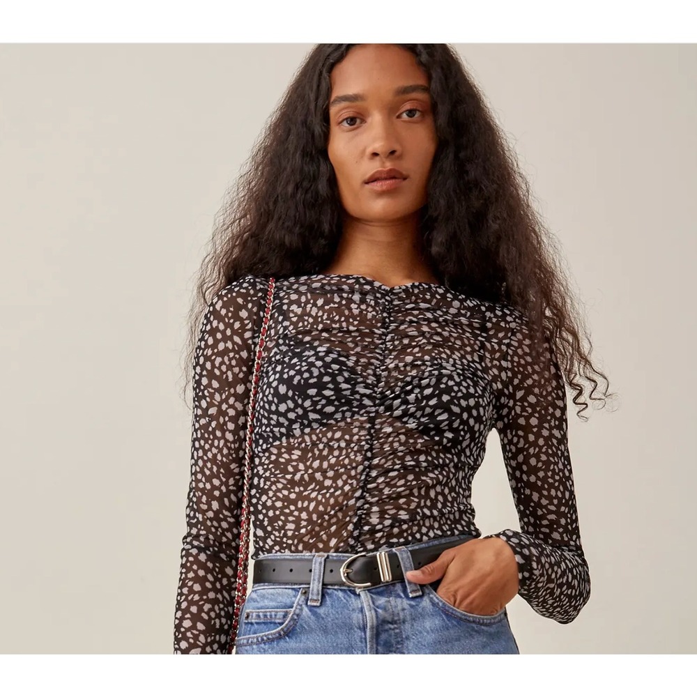 Reformation Small Black Sheer Ruched Mesh Top White Abstract Dot Print Y2K